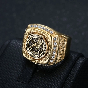 Gold plated eagle seal ring for men with side engraving and white zircon inlay
