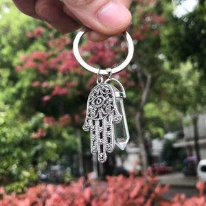 Natural crystal hamsa hand evil eye keychain with transparent hexagonal prism pendant