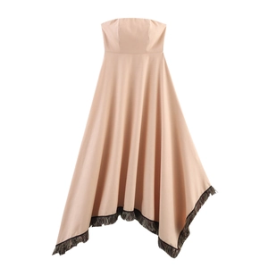 Abito Lungo Senza Spalline Donna Poliestere Orlo Con Frange Asimmetriche Vacanze Stile Boho Tinta Unita