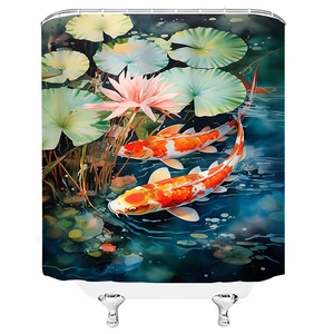 Close-up of waterproof shower curtain with watercolor koi fish pond and lotus flower art