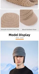 Detail of warm knitted beanie with brim and earflaps, thick texture and rounded top design