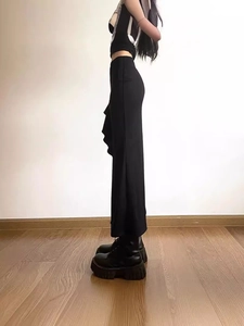 Gonna Midi Irregolare Nera Sexy Poliestere Elastan Bordo Con Volant Spacco Laterale Stringata Vita Alta Streetwear