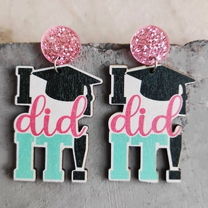 Cute wood graduation drop earrings with book and hat design featuring I DID IT text