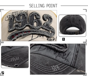Detail view of 1962 embroidery patch and distressed stitching on a vintage baseball cap
