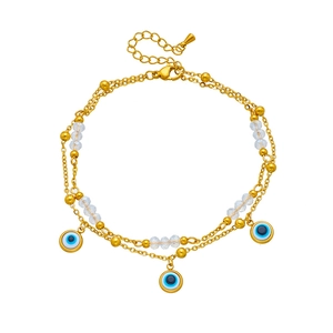 Layered gold evil eye anklet with turquoise beads and stainless steel chains