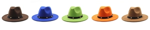 Row of colorful wool fedora hats with gold-studded black bands on white background