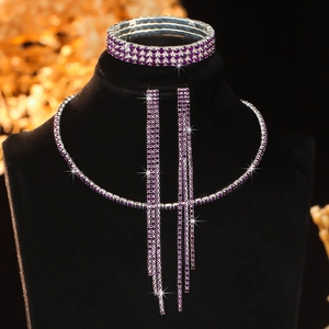 Detailed close-up of purple rhinestone jewelry set with necklace earrings and bracelet