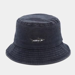 Close-up of shark embroidery on washed denim bucket hat with metal air vents