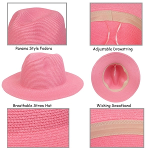 Pink straw Panama fedora hat with wide brim, adjustable drawstring and sweatband