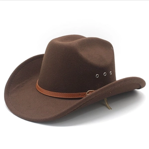 Vintage Western Cowboy Hat Woolen Felt Wide Brim Fedora With Leather Belt Metal Buckle Breathable Eyelets Outdoor Jazz Style