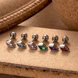 Set of six stainless steel cartilage studs with colorful rhombus-cut cubic zirconia