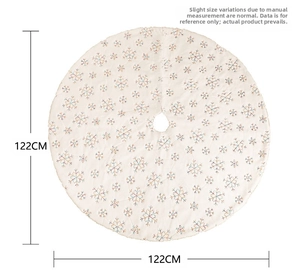 Detail view of 122cm white plush Christmas tree skirt with colorful sequin snowflakes