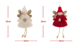 Detailed size view of red and white plush Christmas angel ornaments with dimensions