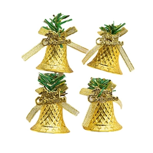 Set of four gold Christmas bell ornaments with green pine needles and ribbons