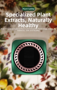 Solar powered green essential oil diffuser with rose gold grill and natural wood background
