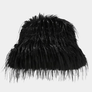 Stylish black long-fur faux fur bucket hat for women with a fluffy and warm winter design