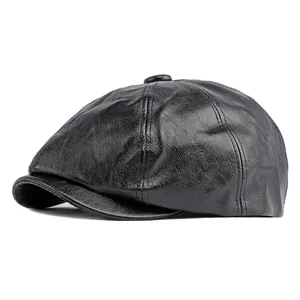 Newsboy Cap PU Leder Retro Britischer Stil Achteckige Mütze Verstellbar Einfarbig Lässig Baskenmütze Für Damen Herren