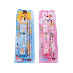 Children stationery set with pencils, eraser and sharpener in pink and blue themes