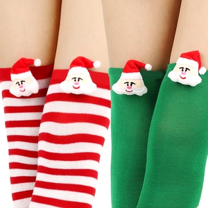 Detailed knit texture of Christmas striped socks featuring 3D plush Santa Claus head decor