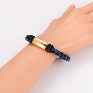 Men's braided leather bracelet with black and blue cord and golden stainless steel plate