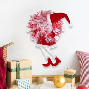 Creative Christmas wreath with elf red hat and legs featuring Merry Christmas ribbon