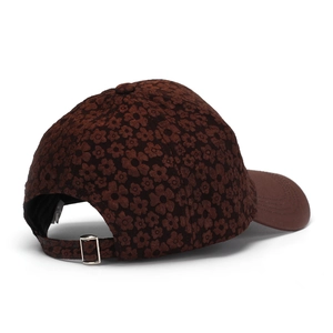 Women's floral baseball cap in dark brown fabric with a classic adjustable metal buckle