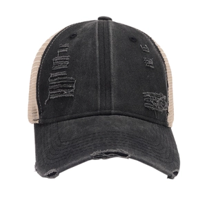 Vintage washed black distressed baseball cap with mesh back and breathable ripped details
