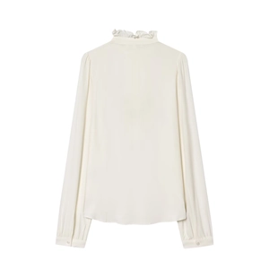 Detailed back view of a cream ruffled neck viscose long sleeve blouse with buttoned cuffs