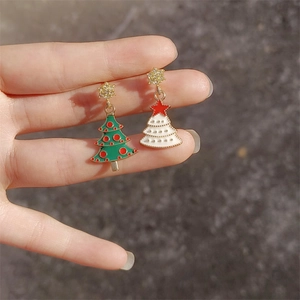 Pink Christmas tree star earrings with green and white enamel finish for women