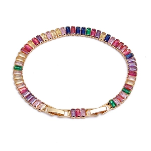 Rainbow tennis bracelet featuring colorful rectangular zircons in gold-plated brass