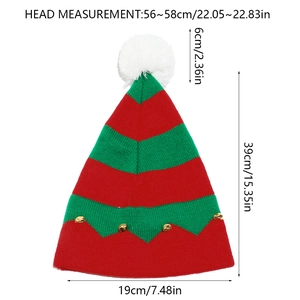 Dimensions détaillées d'un bonnet de Noël rayé rouge et vert avec des cloches dorées
