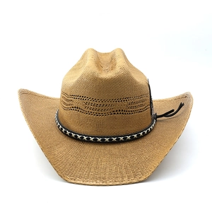 Classic straw cowboy hat in natural brown with decorative woven band on a white background