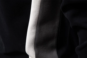 Macro shot of high-quality black and white stitched seams on men's cotton knit sweatshirt
