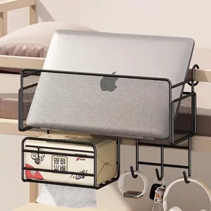 Black metal bedside hanging organizer rack for dorm bunk beds with laptop storage