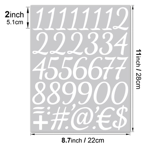 Detail view of 2-inch white vinyl number stickers with dimensions in inches and cm