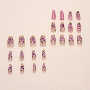 French floral press-on nails set with 24 pieces in long coffin shape and pink lily design