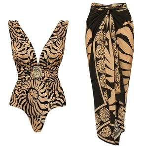 Maillot de bain col en V profond et jupe assortie avec imprimé zèbre et boucle dorée coquillage