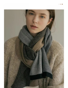 Close-up of thick houndstooth knit scarf in grey and brown patchwork patterns