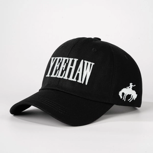 Retro black cotton baseball cap with white Yeehaw embroidery and cowboy side pattern