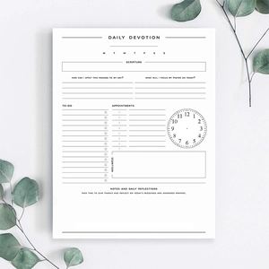 Detailed daily devotion planner with schedule, to-do list, and scriptures on white paper