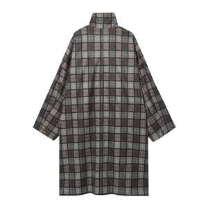 Back view of stylish long grey-brown plaid trench coat laid flat on white background