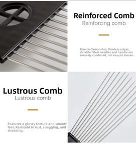 Detail of professional black hair pick comb with reinforced stainless steel needles