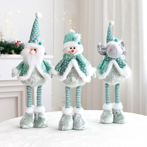 Christmas Plush Doll Santa Snowman Reindeer Figurines Mint Green Sequin Velvet Telescopic Legs Holiday Home Table Decor