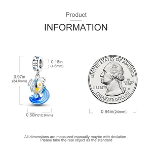 Detailed size specifications for a blue enamel wave pendant next to a dollar coin