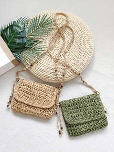 Handmade Woven Straw Crossbody Bag With Wood Beads Flap Square Beach Vacation Shoulder Purse For Women