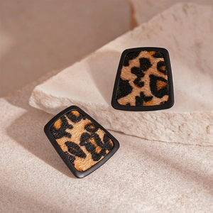 Leopard Print Trapezoid Earrings With Silver Earring Post Vintage Geometric Alloy Faux Leather For Women