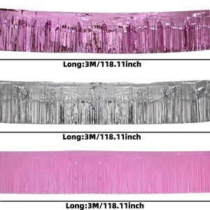 Three rows of metallic foil fringe curtains in pink and silver with 3M length labels