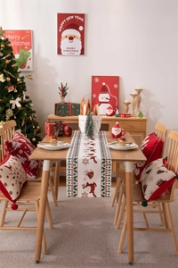Festive Christmas table runner with Merry Christmas prints and matching pillow covers set