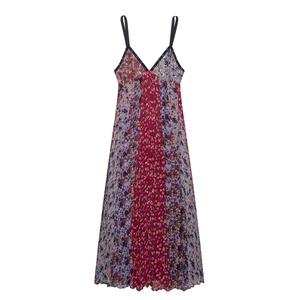 Vestito Maxi Stampa Floreale Patchwork Scollo A V Bordo In Pizzo Paillettes Perline Camisole Senza Maniche Abito Lungo Bohémien Donna