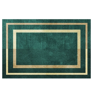 Minimalist rectangular dark green entryway mat with beige borders and woven texture